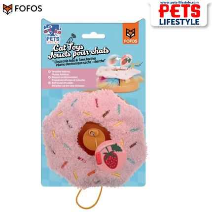 FOFOS Interactive Donut Cat Toy – Random Movement, Plush Hide & Seek Toy with Feathers