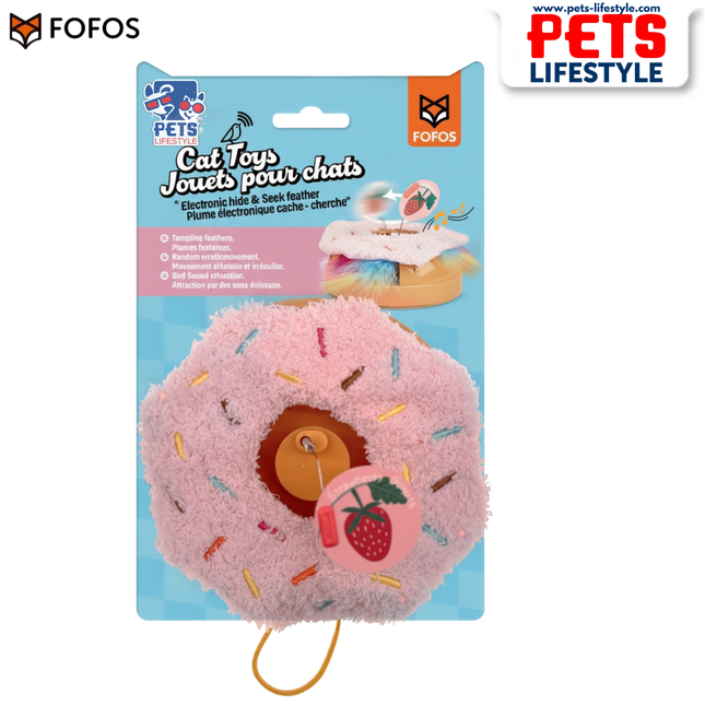 FOFOS Interactive Donut Cat Toy – Random Movement, Plush Hide & Seek Toy with Feathers