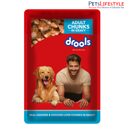 Drools Adult Wet Dog Food, Real Chicken and Chicken Liver Chunks in Gravy,10 Pouches + 2 Pouches Free (12 x 60g )