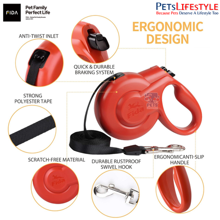 FIDA Styleash (RED) Retractable Dog Leash – Anti-Twist, Heavy Duty