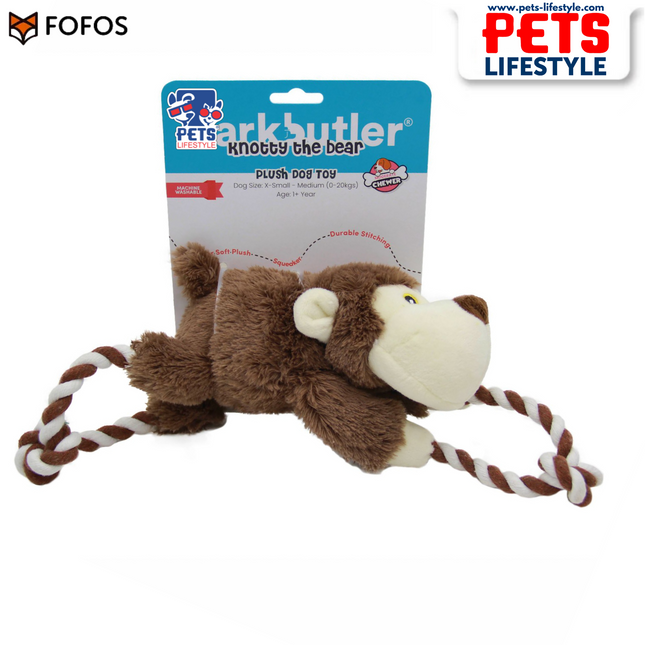 FOFOS Barkbutler Knotty The Bear Plush Dog Toy | Soft Squeaky Tug Toy with Rope for Small & Medium Dogs