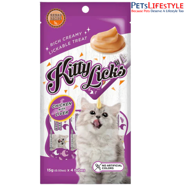 Rena's Kitty Licks Chicken With Liver Kitten Treat Tubes 4 x 15g - Rich Creamy Lickable Treat