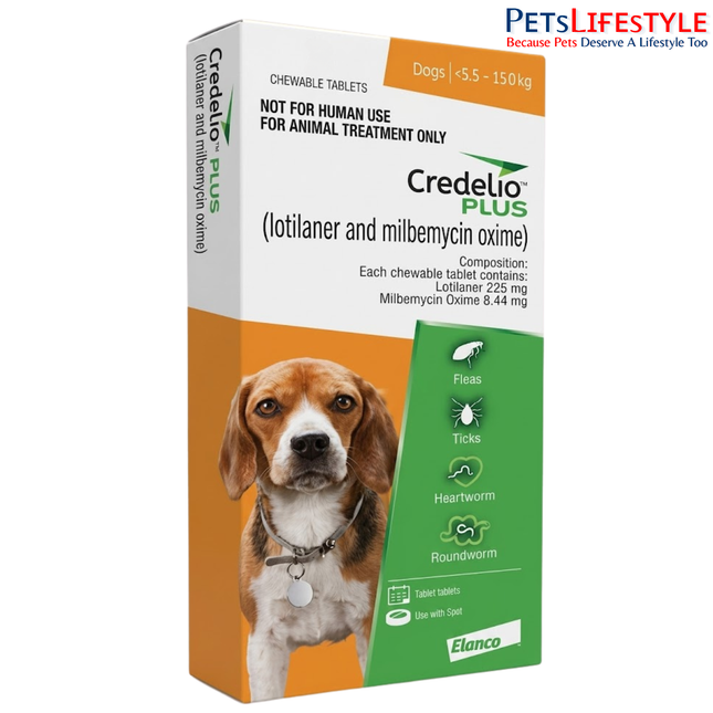 ELANCO Credelio PLUS 225 mg Chewable Tablets for Dogs 5.5–11 kg | Monthly Tick, Flea, Worm & Heartworm Protection