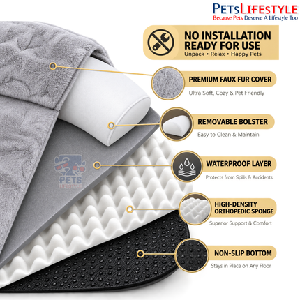 PetsLifestyle Giant Human Dog Bed – Calming Anti-Anxiety Bolster Bean Bag with Orthopedic Foam, Blanket & Pillow, Giant Oval Floor Bed