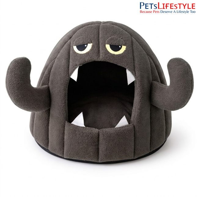 Premium Monster Plush Calming Pet Cave Bed Pet House with Plush Cushion, Indoor Pet Bed