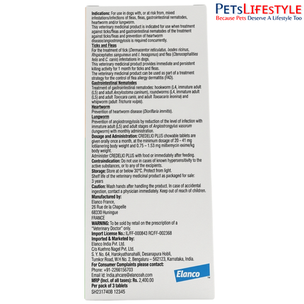 ELANCO Credelio PLUS 225 mg Chewable Tablets for Dogs 5.5–11 kg | Monthly Tick, Flea, Worm & Heartworm Protection