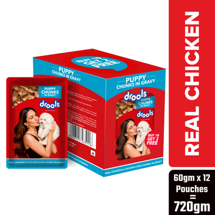 Drools Puppy Wet Dog Food, Real Chicken and Chicken Liver Chunks in Gravy,10 Pouches + 2 Pouches Free (12 x 60g )