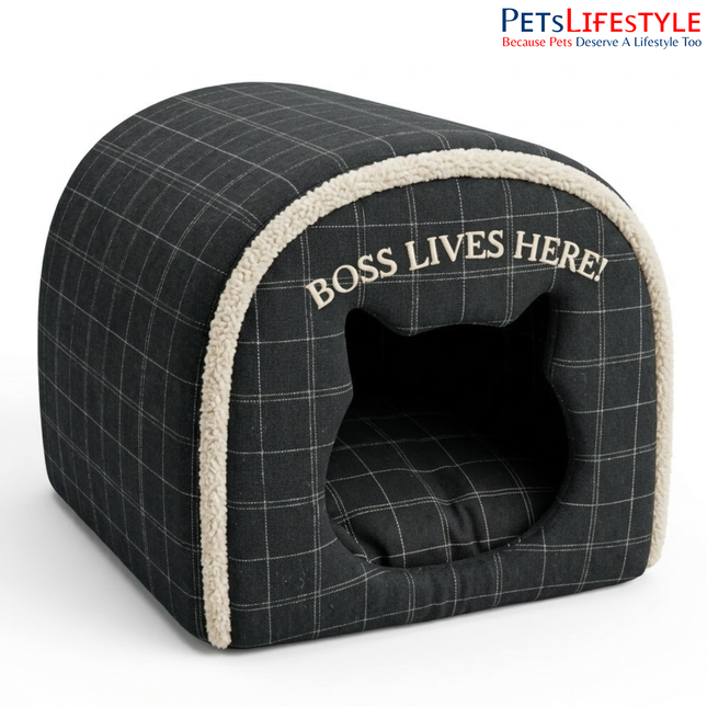 Premium Tunnel Cave Pet House with Boss Lives Here Embroidery Pet House with Plush Cushion, Indoor Pet Bed