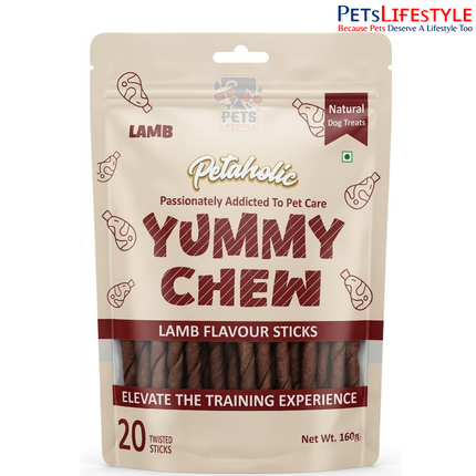 Petaholic Yummy Chew Lamb Flavour Sticks Dog Treat 160g (20 Sticks) | Premium Gluten-Free Training Treats for Dogs