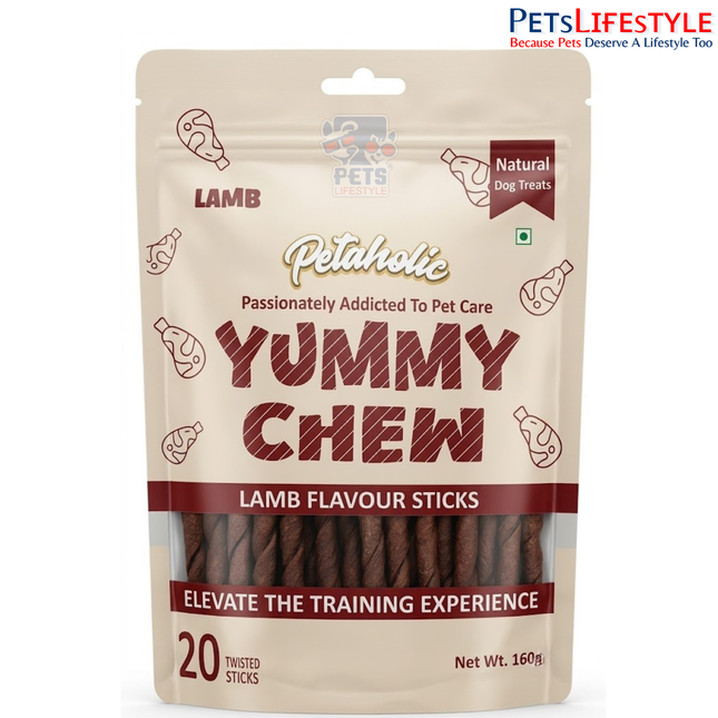 Petaholic Yummy Chew Lamb Flavour Sticks Dog Treat 160g (20 Sticks) | Premium Gluten-Free Training Treats for Dogs