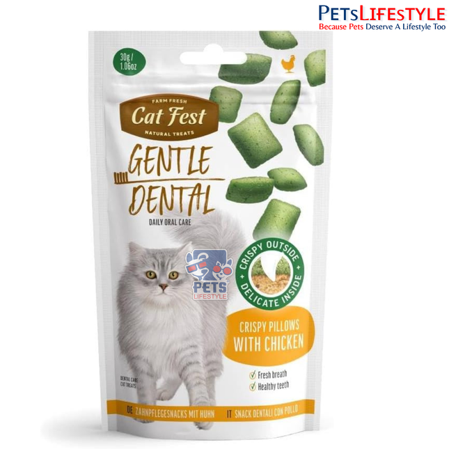 Cat Fest Crispy Pillows with Chicken Cat Treats 30g | 100% Natural Crunchy Dental Treats for Cats