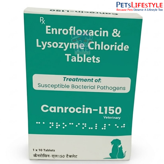 Canicon Canrocin-L150 Tablets for Dogs & Cats | Enrofloxacin 150mg & Lysozyme Chloride | Broad-Spectrum Veterinary Antibiotic | 1 x 10 Tablets