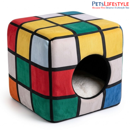 Rubik’s Cube Inspired Luxury Designer Cube Pet House with Plush Cushion, Indoor Pet Bed