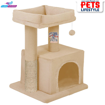 FURRLOVERS Condo Kitten Cat Tree – Plush Fur Fabric, Top Perch, Hanging Ball & Scratching Post (12x12 Inch Condo)