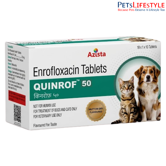 Quinrof Enrofloxacin Tablets for Dogs & Cats – 50mg Mutton Flavoured Antibiotic (1x10 Tablets)
