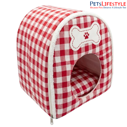 Foldable Igloo Pet House for Dogs & Cats – Red and White Checkered Cave Bed