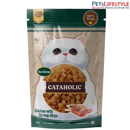 Cataholic Chicken with Shrimp Chips Cat Treats, High Protein Crunchy Snacks, Natural Training & Reward Treats for All Cat Breeds, 50 g