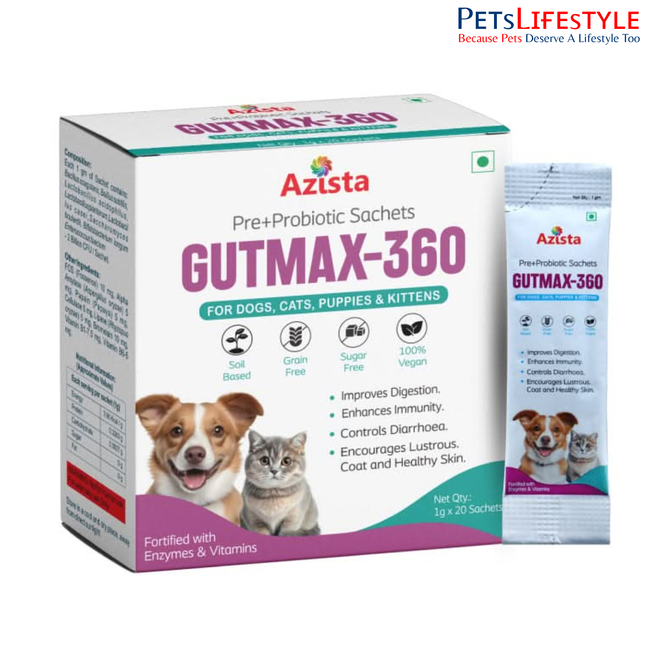 GUTMAX 360 Natural Digestive Medicine for Dogs & Cats – 20 Pre+Probiotic (1gm) Sachets