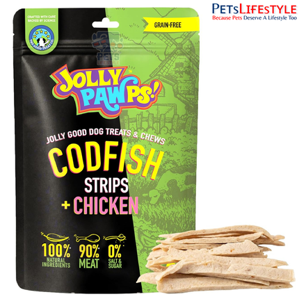 Jolly Pawps Codfish + Chicken Strips Dog Treats 85 g – 90% Prime Cut Meat, Grain-Free Fish & Chicken Training Treats for Dogs and Puppies