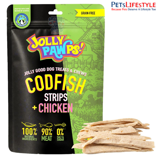 Jolly Pawps Codfish + Chicken Strips Dog Treats 85 g – 90% Prime Cut Meat, Grain-Free Fish & Chicken Training Treats for Dogs and Puppies