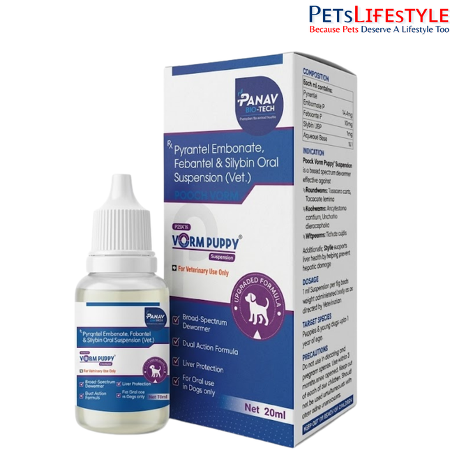 Pooch Vorm Puppy Pyrantel Embonate Febantel & Silybin Oral Suspension for Dogs Deworming (20 ml)