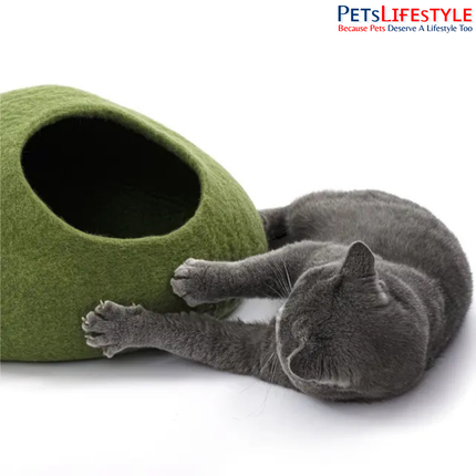 FOFOS Cat Cave Green – Handmade Wool Felt Cat House & Cozy Sleeping Bed