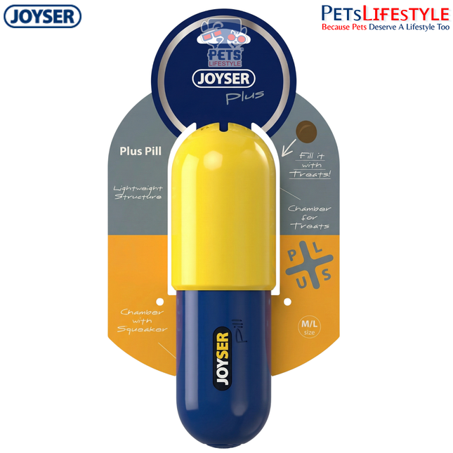 JOYSER Plus Pill Treat Dispensing Chew Dog Toy with Squeaker – Blue/Yellow (M/L)