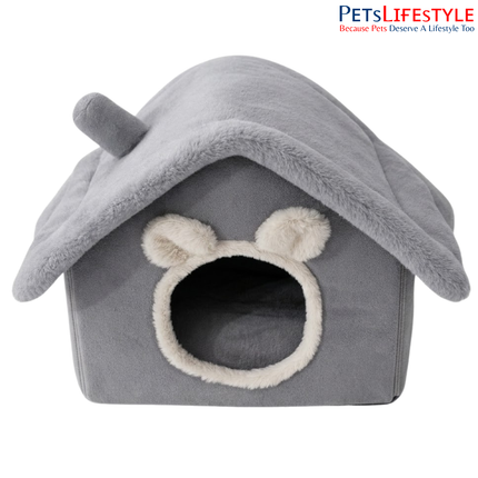Cat House with Cat Ear Design, Indoor Pet Bed, Cosy Grey & White