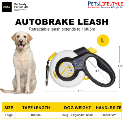 FIDA AutoBrake Retractable Dog Leash 16ft Safety Lock