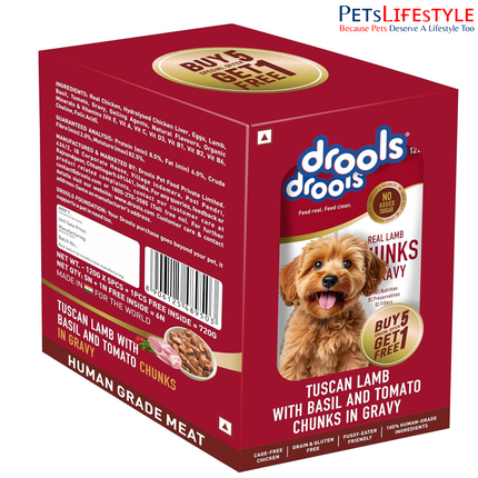 Drools Tuscan Lamb with Basil & Tomato Chunks Gravy 120g (5+1 Pack)