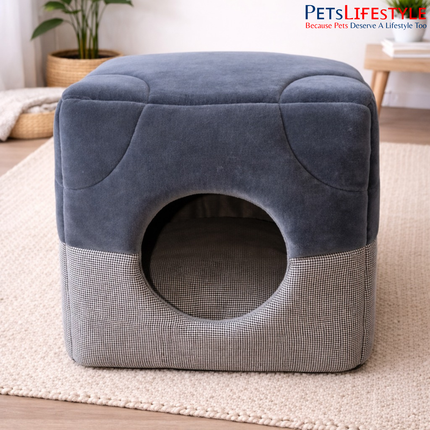 Designer Dual-Texture Velvet and Houndstooth Luxury Pet Cube House Pet House with Plush Cushion, Indoor Pet Bed