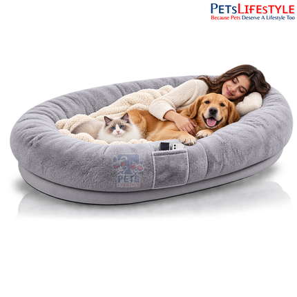 PetsLifestyle Giant Human Dog Bed – Calming Anti-Anxiety Bolster Bean Bag with Orthopedic Foam, Blanket & Pillow, Giant Oval Floor Bed