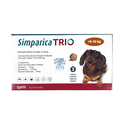 Zoetis Simparica Trio Dog Tick and Flea Control Tablet 5 - 10 kg - (1 Tab)