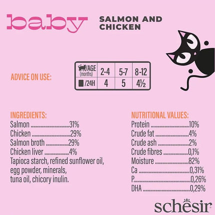 Schesir Baby Cat Mousse – Salmon & Chicken, 70g | High Protein Soft Mousse Wet Food | Natural, Grain-Free Nutrition for Healthy Growth & Easy Digestion in Kittens (0–12 Months)