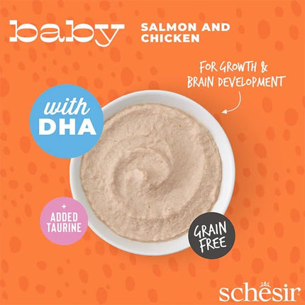 Schesir Baby Cat Mousse – Salmon & Chicken, 70g | High Protein Soft Mousse Wet Food | Natural, Grain-Free Nutrition for Healthy Growth & Easy Digestion in Kittens (0–12 Months)