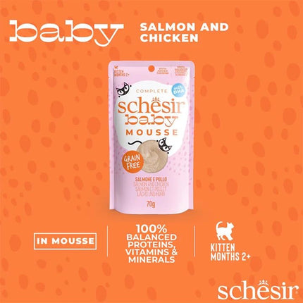Schesir Baby Cat Mousse – Salmon & Chicken, 70g | High Protein Soft Mousse Wet Food | Natural, Grain-Free Nutrition for Healthy Growth & Easy Digestion in Kittens (0–12 Months)