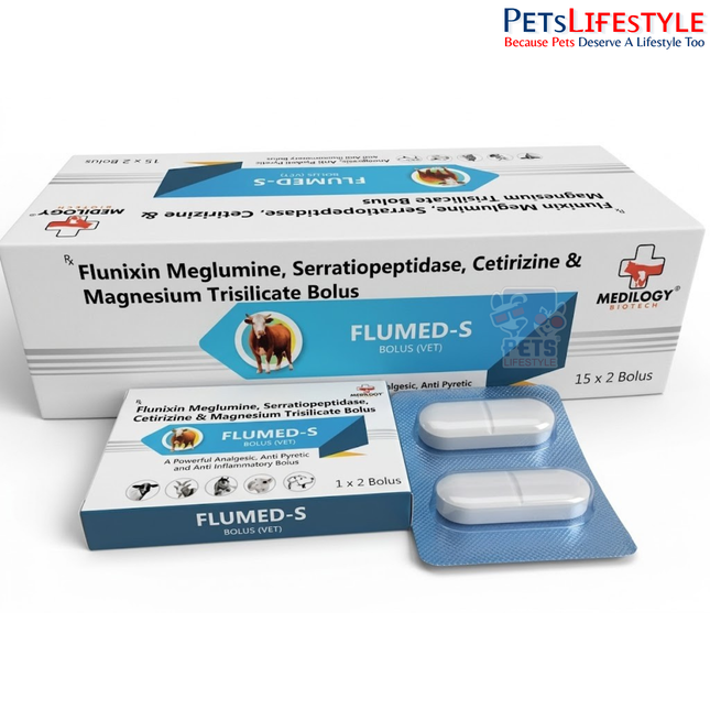 FLUMED-S Vet Bolus – Flunixin Meglumine, Serratiopeptidase, Cetirizine & Magnesium Trisilicate Bolus | Veterinary Anti-Inflammatory, Antipyretic & Anti-Allergic Support |