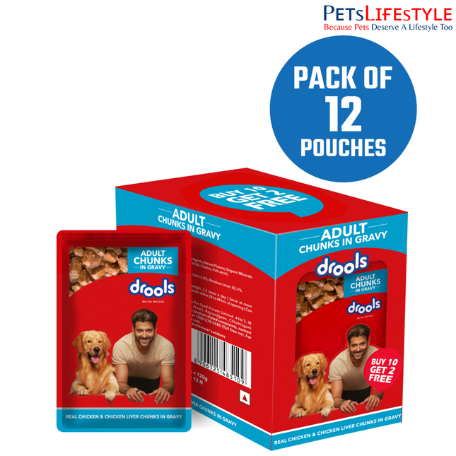 Drools Adult Wet Dog Food, Real Chicken and Chicken Liver Chunks in Gravy,10 Pouches + 2 Pouches Free (12 x 60g )