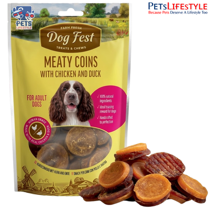 Dog Fest Meaty Coins with Chicken & Duck Adult Dog Treats 90g | 100% Natural High-Protein Chewy Training Treats