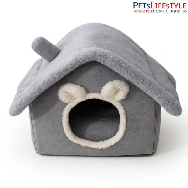Cat House with Cat Ear Design, Indoor Pet Bed, Cosy Grey & White