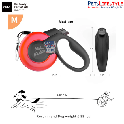 FIDA Mars Retractable Dog Leash – Red – Anti-Twist Heavy Duty Reflective