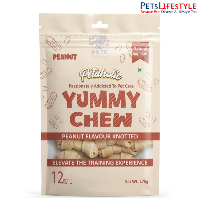 Petaholic Yummy Chew Peanut Flavour Knotted Bone Dog Treat 170g (12 Knotted Bones) | Premium Gluten-Free Chew Treats for Dogs