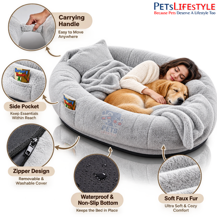 PetsLifestyle Giant Human Dog Bed – Calming Anti-Anxiety Bolster Bean Bag with Orthopedic Foam, Blanket & Pillow, Giant Oval Floor Bed