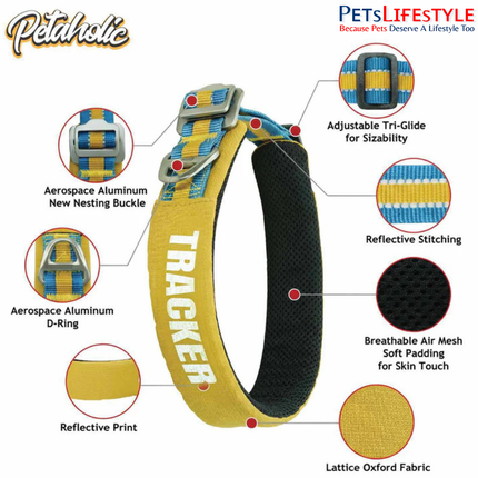 Petaholic Outdoor Tracker Series Dog Collar Plateau Mustard | Ultralight Reflective Adjustable Collar