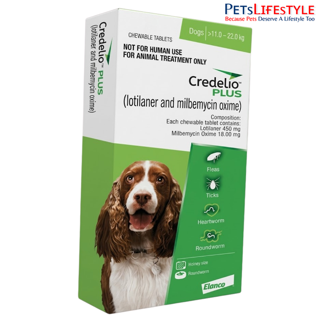 ELANCO Credelio PLUS 450 mg Chewable Tablets for Dogs 11–22 kg | Monthly Tick, Flea, Worm & Heartworm Protection