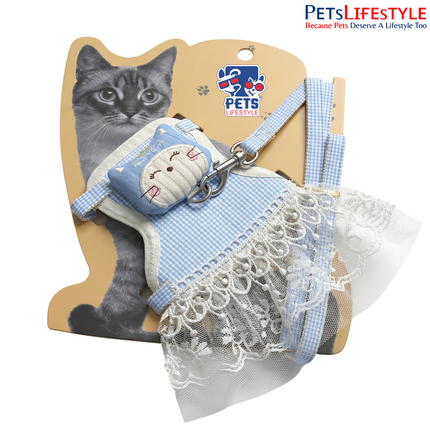 Cute Plaid Cat & Small Dog Harness with Leash Adjustable Anti-Escape Breathable Pet Vest – Light Blue