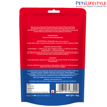 Drools Dog Treats Dehydrated Real Chicken Chews Necks 70g