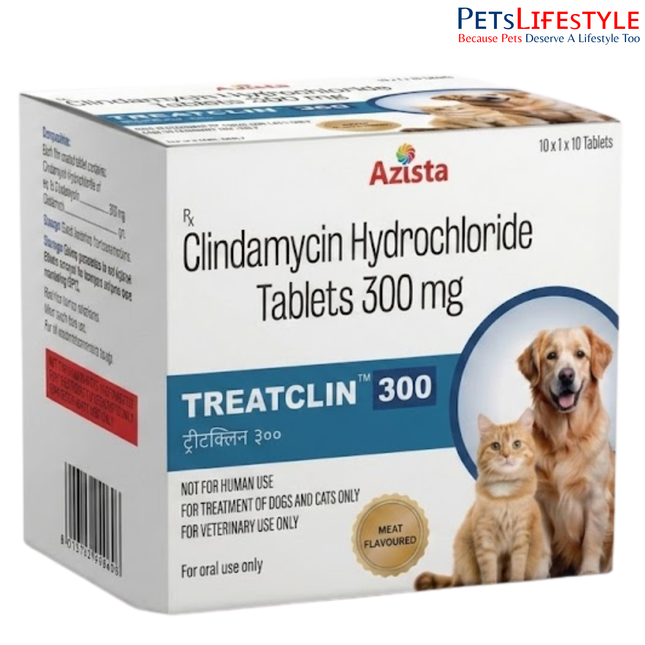 Treatclin Clindamycin Tablets for Dogs & Cats – 300mg  Meat Flavoured Antibiotic (1x10 Tablets)