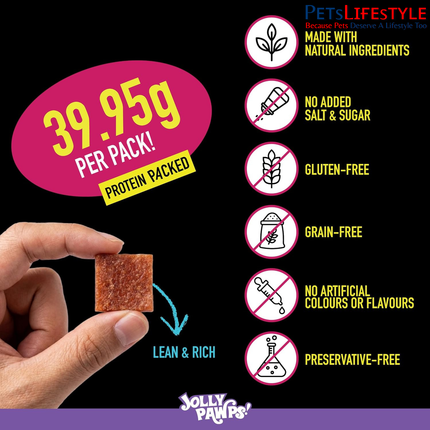 Jolly Pawps Duck Squares + Lamb Dog Treats 85 g – 90% Prime Cut Meat, Grain-Free Training Treats for Dogs & Puppies