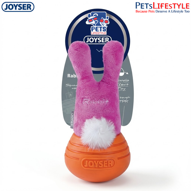 JOYSER Woball Rabbit Plush Dog Toy with Squeaker & Wobble Base – Pink/Orange (M/L)